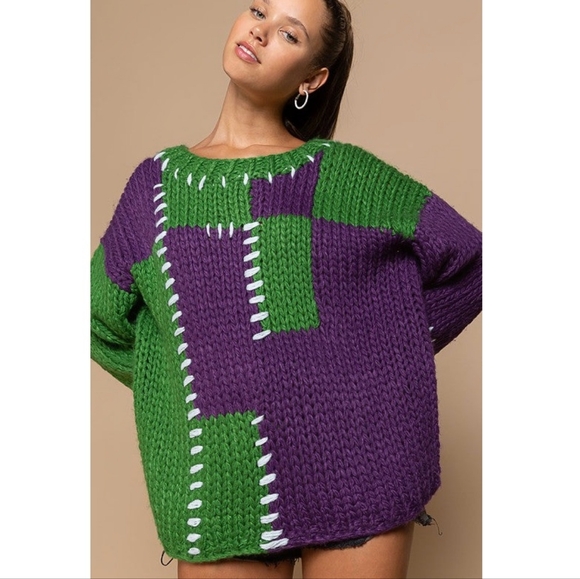 POL Clothing | Purple & Green Mardi Gras Oversized Patchwork Sweater | Small - Picture 4 of 10